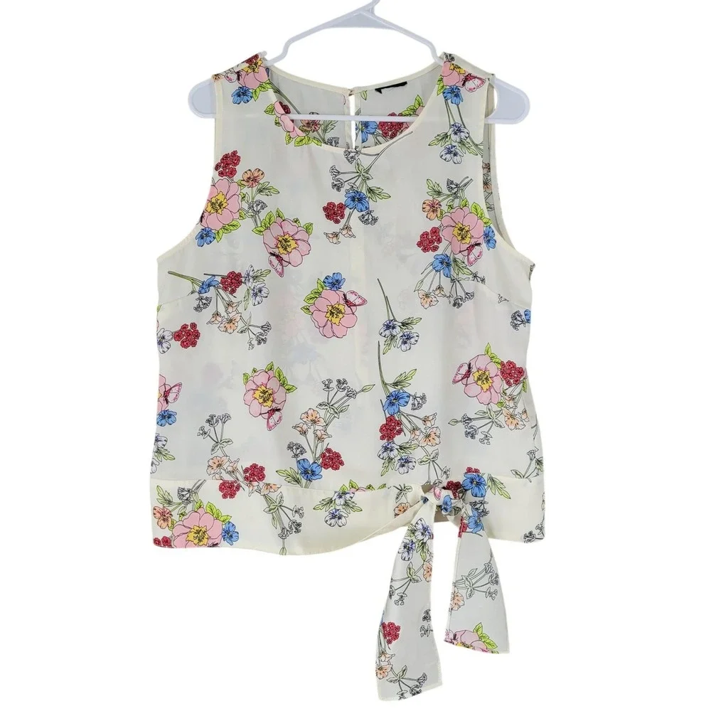 Talbots Floral Sleeveless Blouse Womens Large Cream Tie Front Keyhole Back